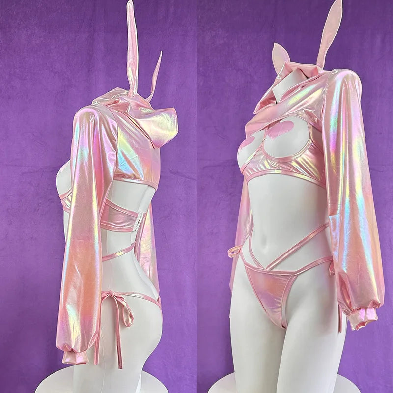 Anime Bunny Pink Laser Patent Leather Bikini Rabbit Costume