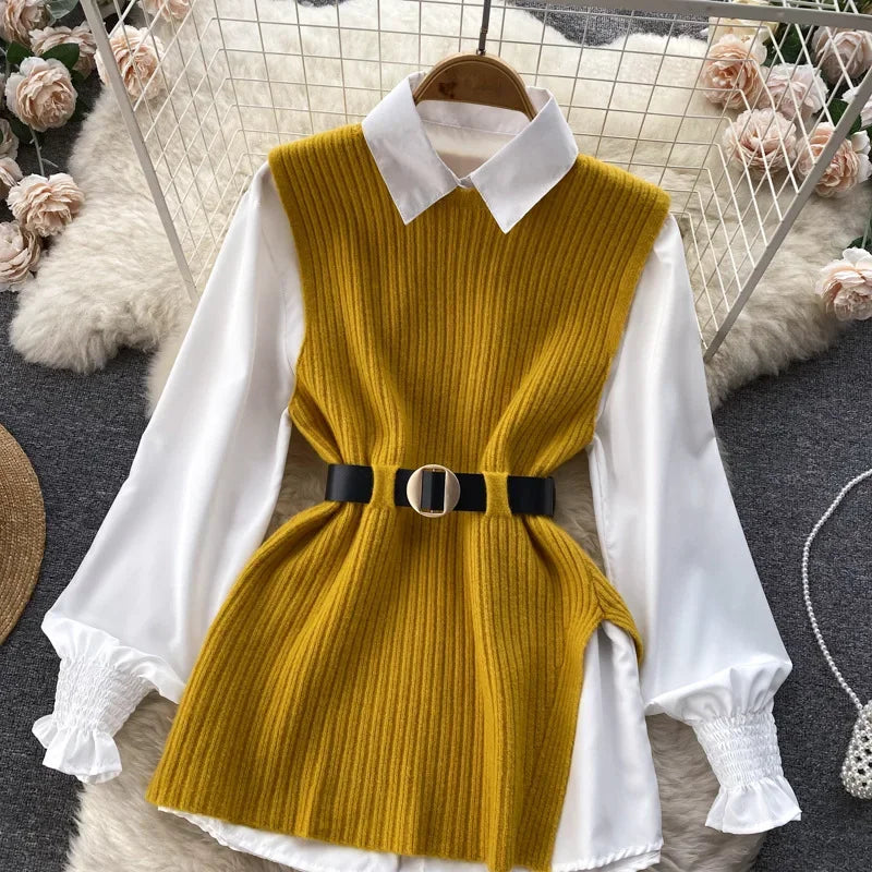 Luxury Style Loose-fit Long Sleeve White Shirt Side Slit Knit Vest 2-piece Set