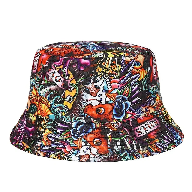 Bucket Hat Panama Cap Print Hip Hop Fisherman Hat Double Side Wear Fashion