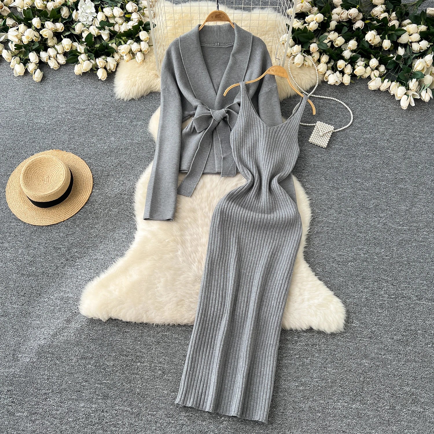 Lace Up Slim Cardigan+Sling Long Bodycon Solid Sweater Dress Two Piece Set