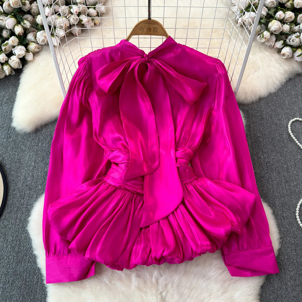 Long Sleeve Tie Up Pleated Blouse