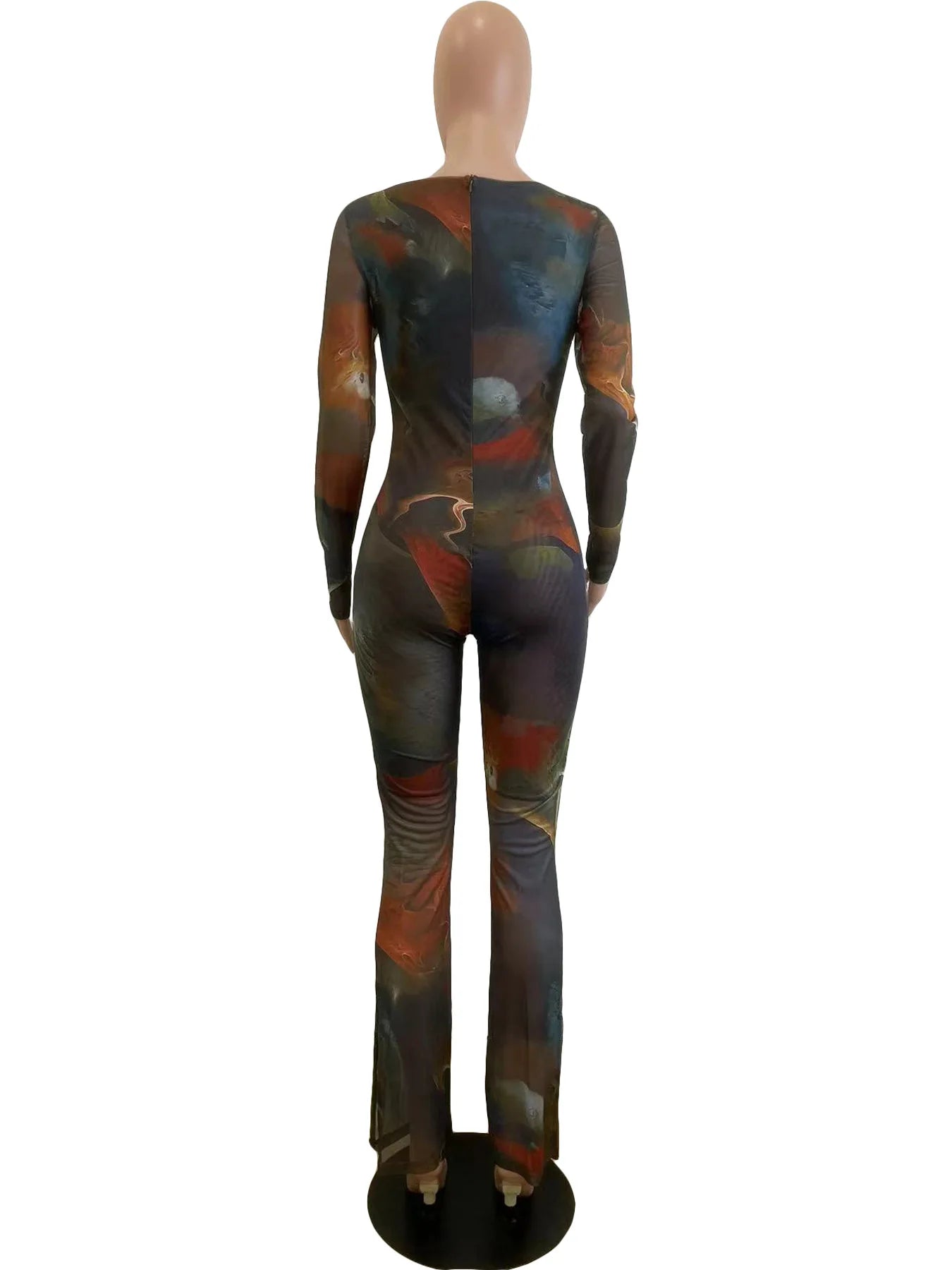 Tie Dye Print Mesh Long Sleeve Bodycon Overalls Jum[psuit