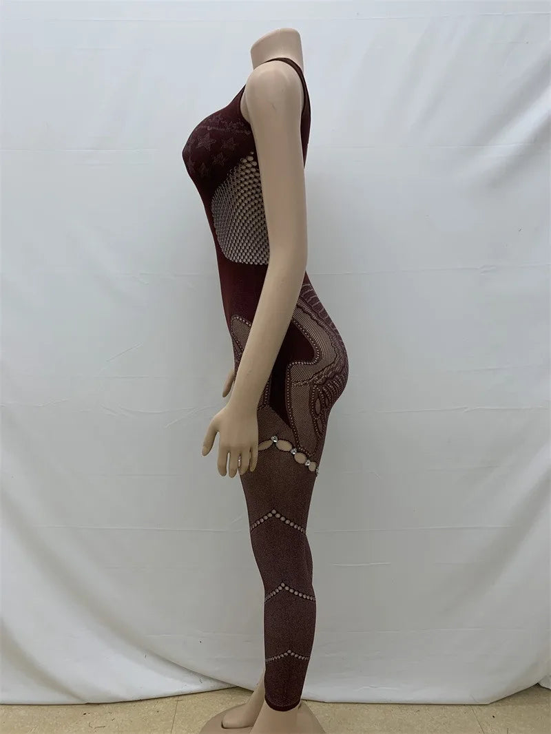 Hollow Out Rhinestones Patchwork Jumpsuit