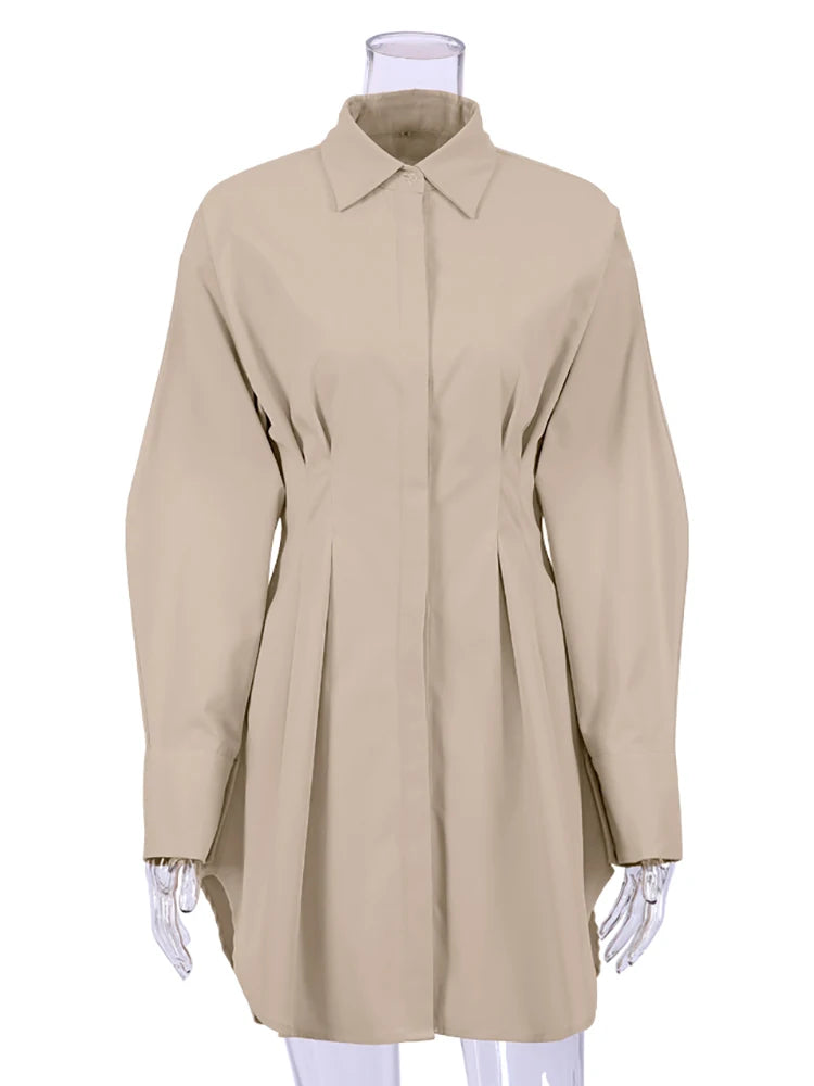 Long Sleeve Pleated Shirt Solid Lapel Casual Mini Dress