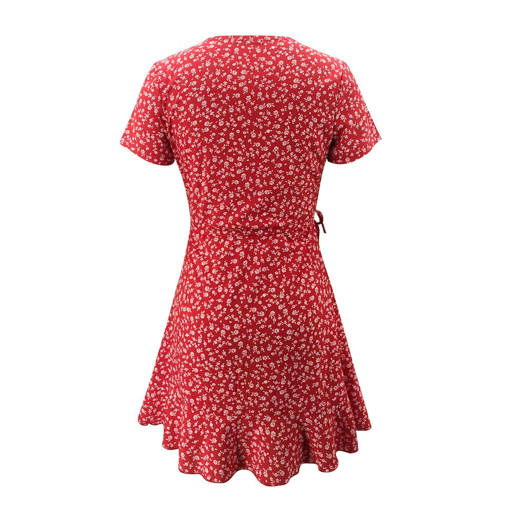 Floral Ruffles V-neck Bandage Summer Dress