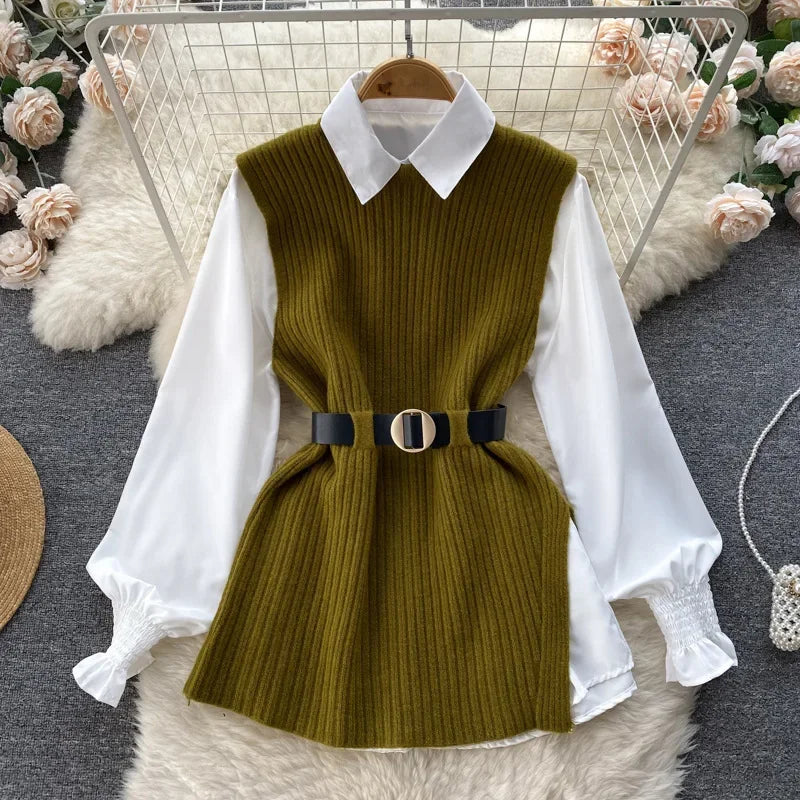 Luxury Style Loose-fit Long Sleeve White Shirt Side Slit Knit Vest 2-piece Set