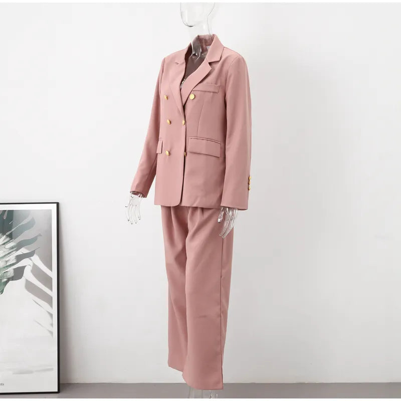 Elegant Office Lady Blazer Suit Coat High Waist Straight Pants Set