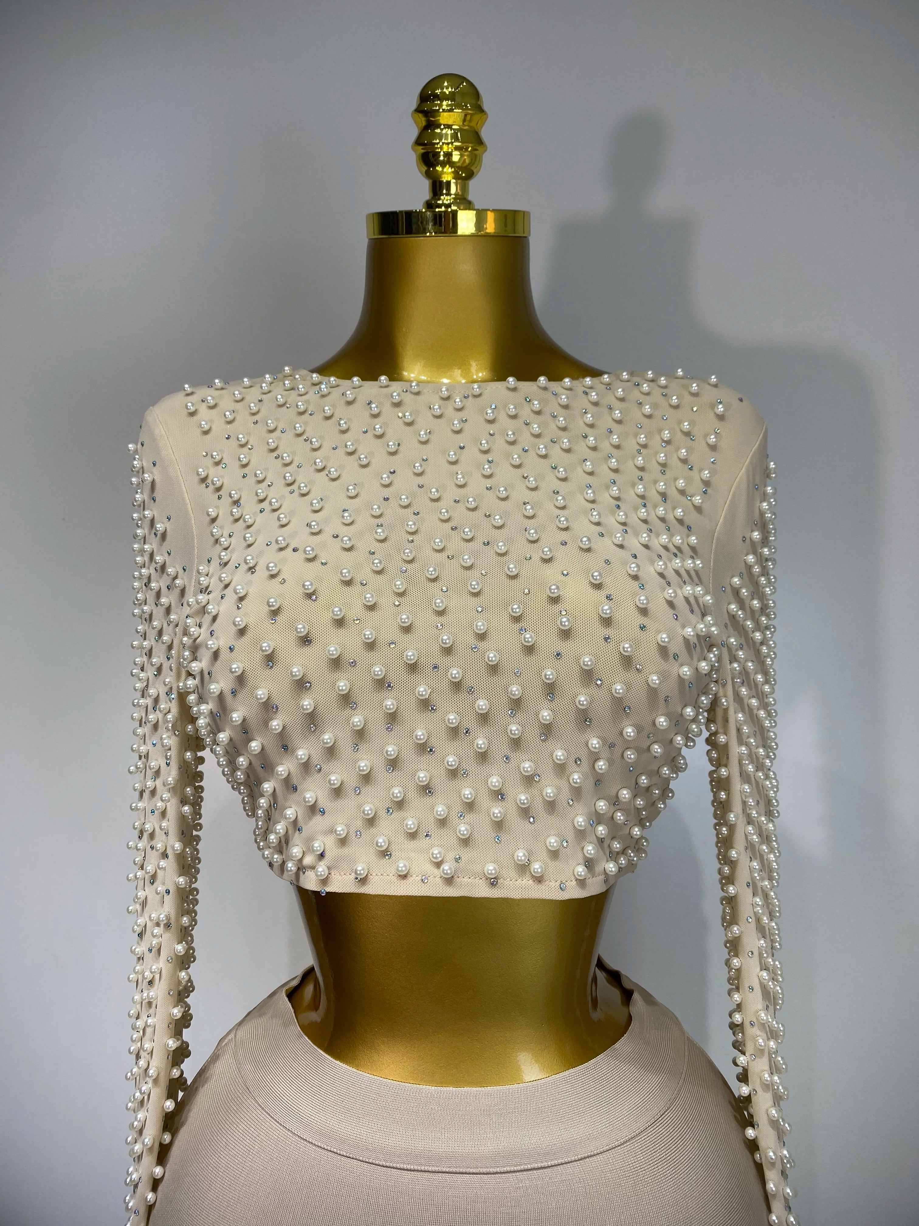 Long Sleeve Mesh Pearl Top  Midi Skirt Bandage Two Set
