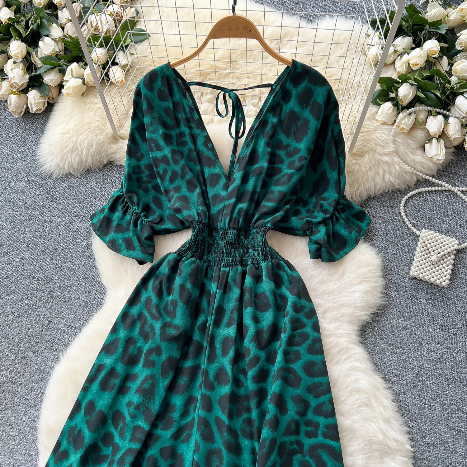Flared Sleeves Elastic Waist Slim Fit Leopard Print Long Rompers Jumpsuit