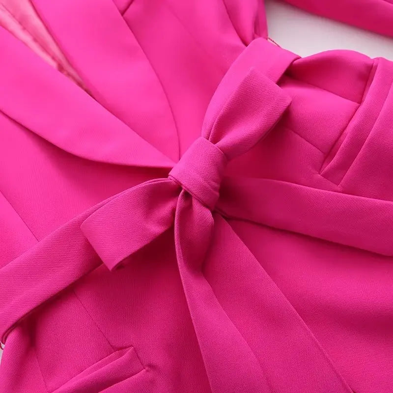 Long Sleeve Belt Bow Blazers Suit Coat Chic Female High Waist Trousers Two Piece Sets