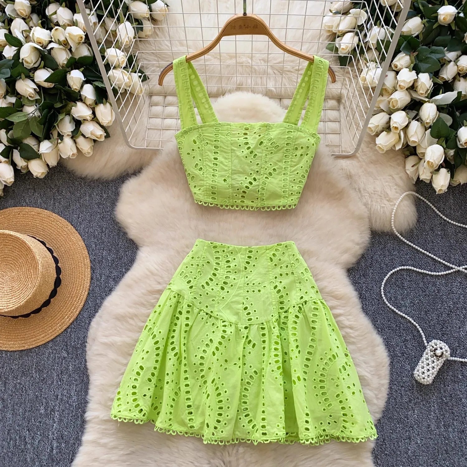 Y2k Elastic Backless Crop Top + High Waist Mini Skirts Hollow Out Two Piece Set