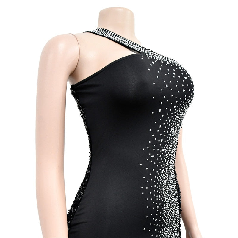 One Shoulder Backless Diamond Sequin Long Bodycon Dress