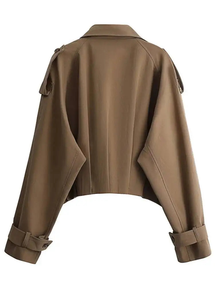 Stylish Cropped Lapel Collar And Belted Cuffs Trench Coat