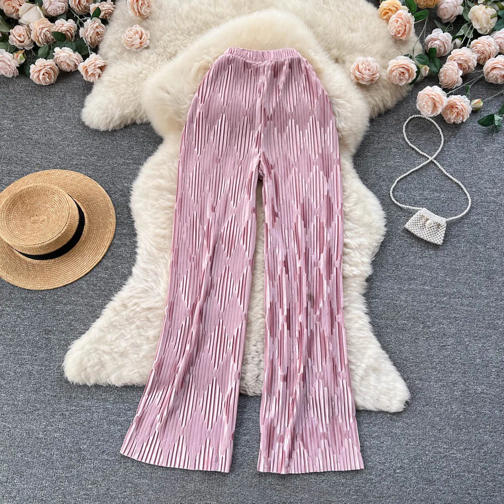 Pleated Vintage Striped Long High Waist Wide Leg Trousers