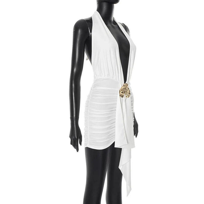 Sleeveless Halter Pleated Ribbon Deep V Backless Dress