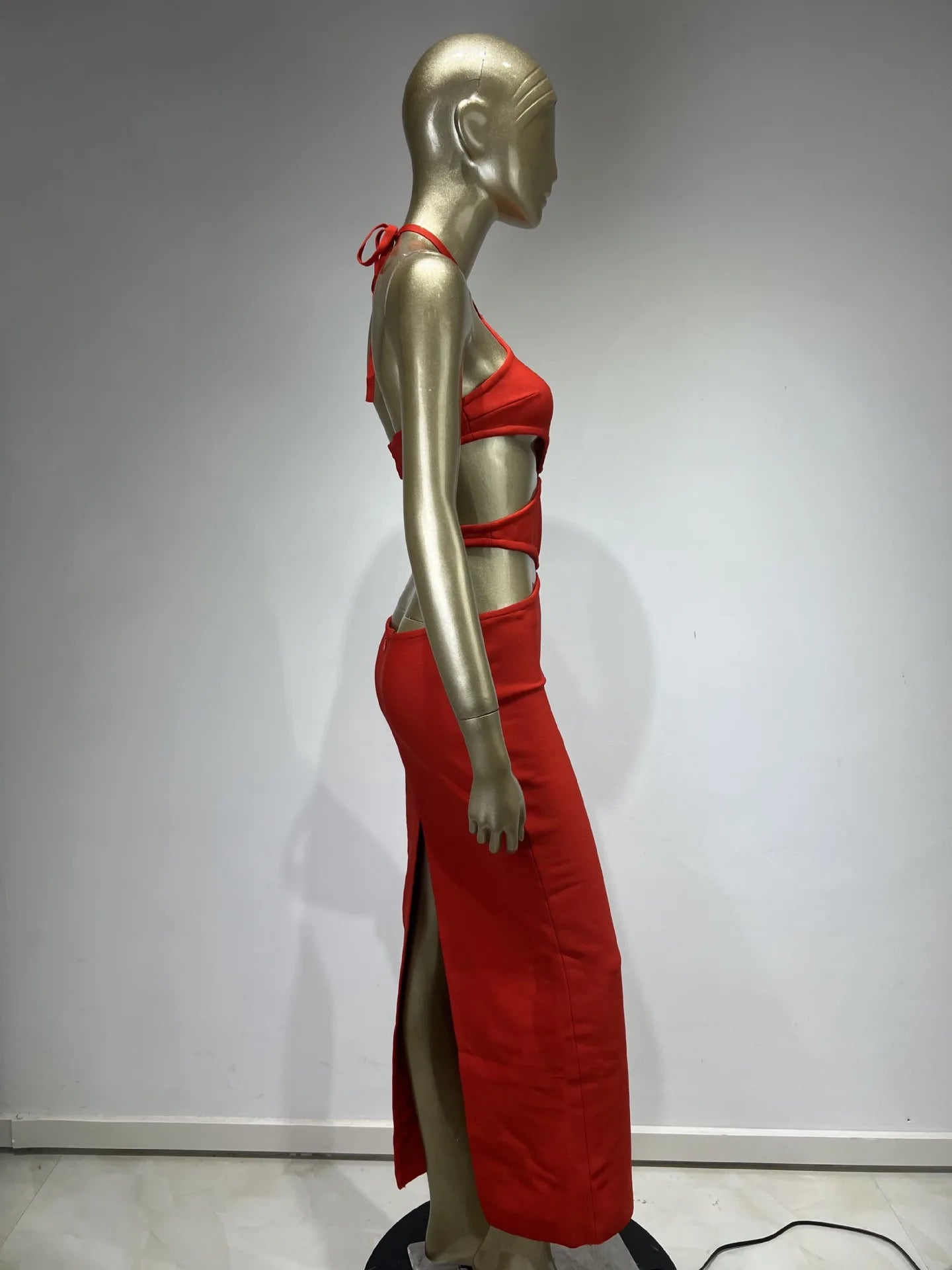 Backless Halter Cut Out Red Maxi Long Bandage Dress