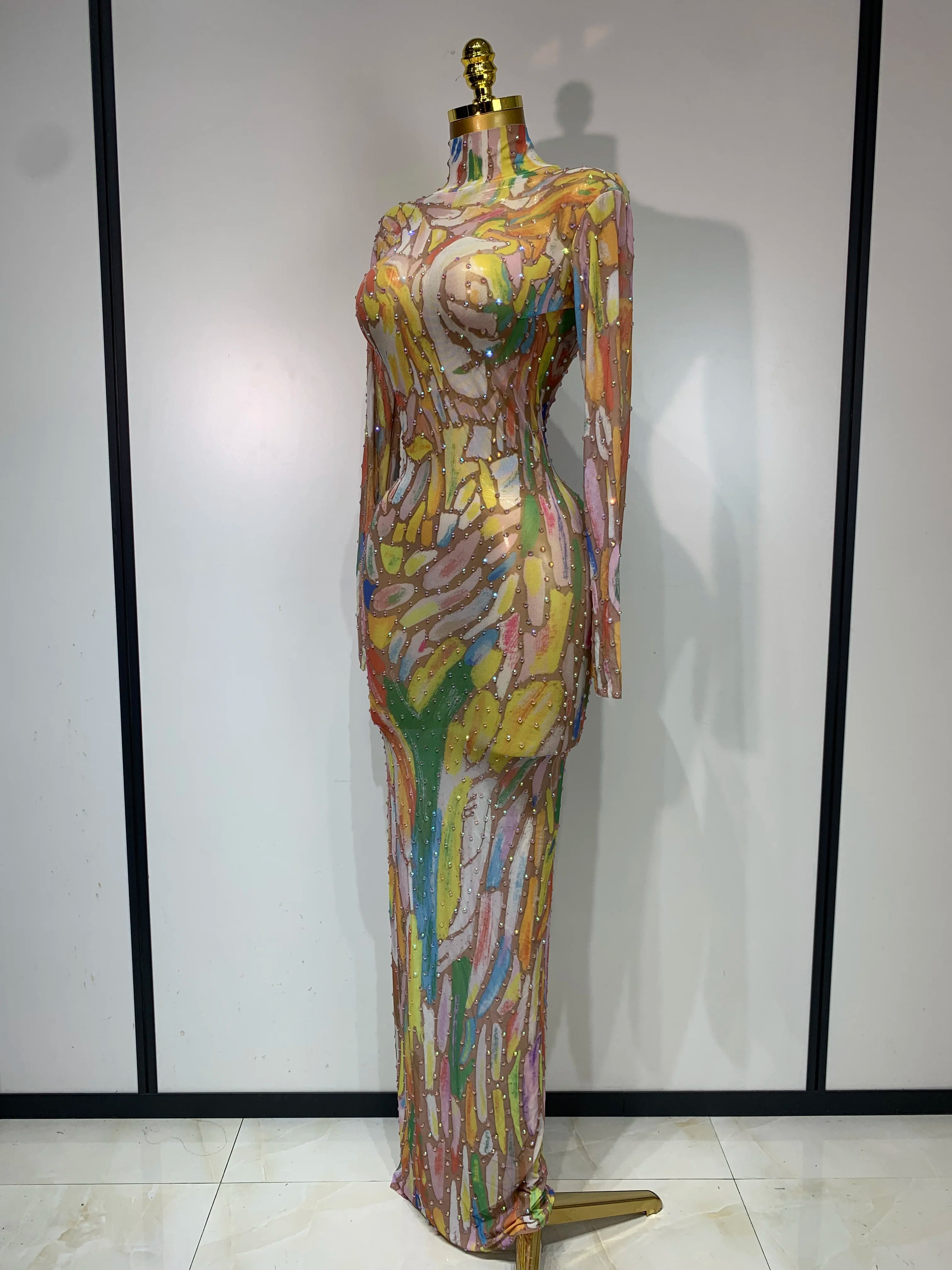 Stretchy See Through Mesh Sparkly Rhinestone Dress