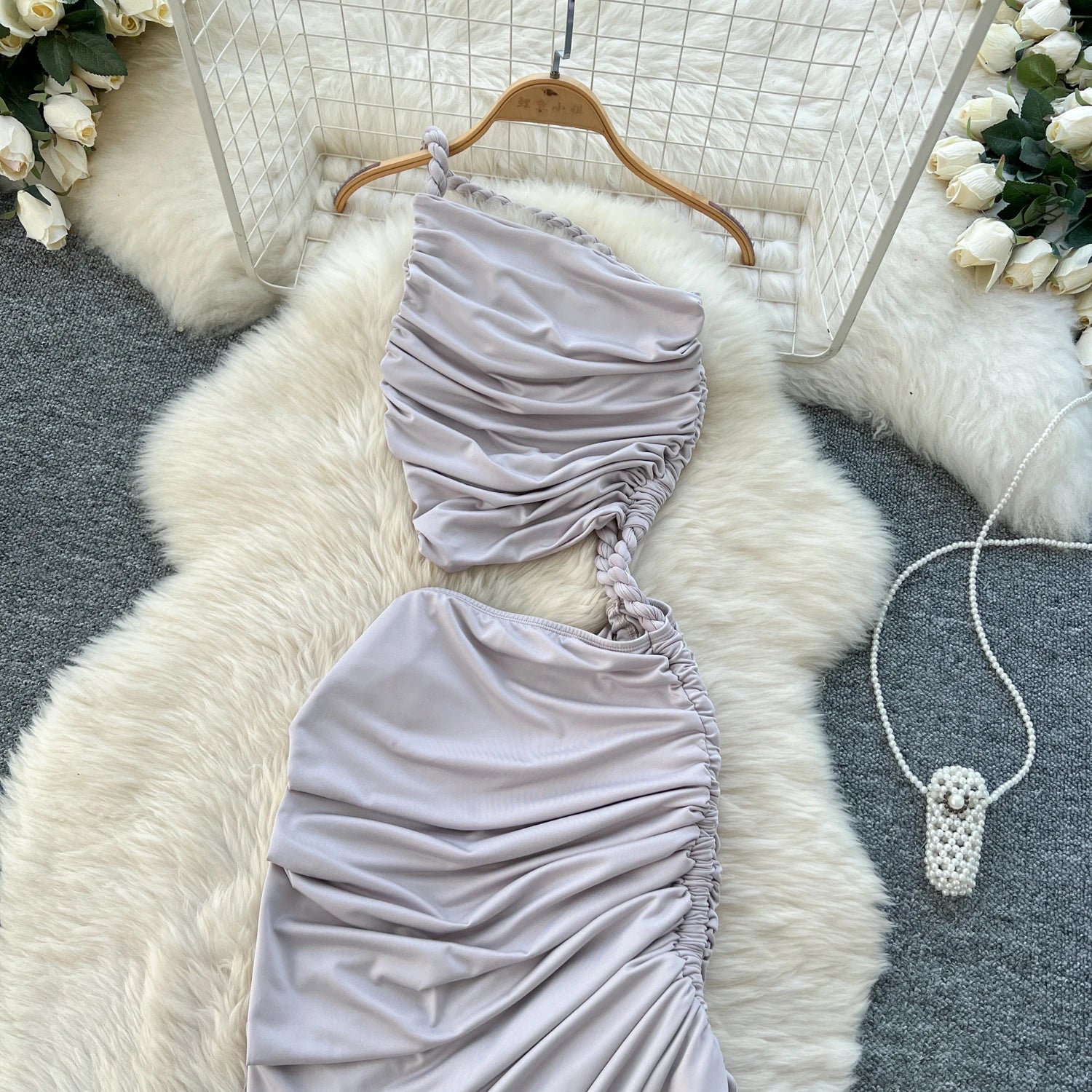 Hollow Out Split Ruched Solid Maxi Sundress