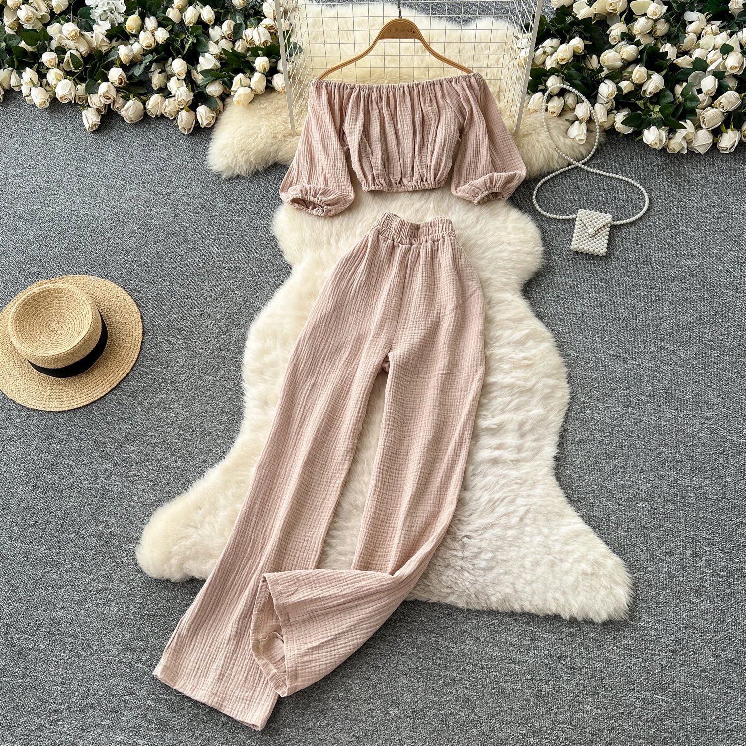 Lantern Sleeve Off Shoulder Crop Top+High Waist Wide Legs Pants Two Piece Set