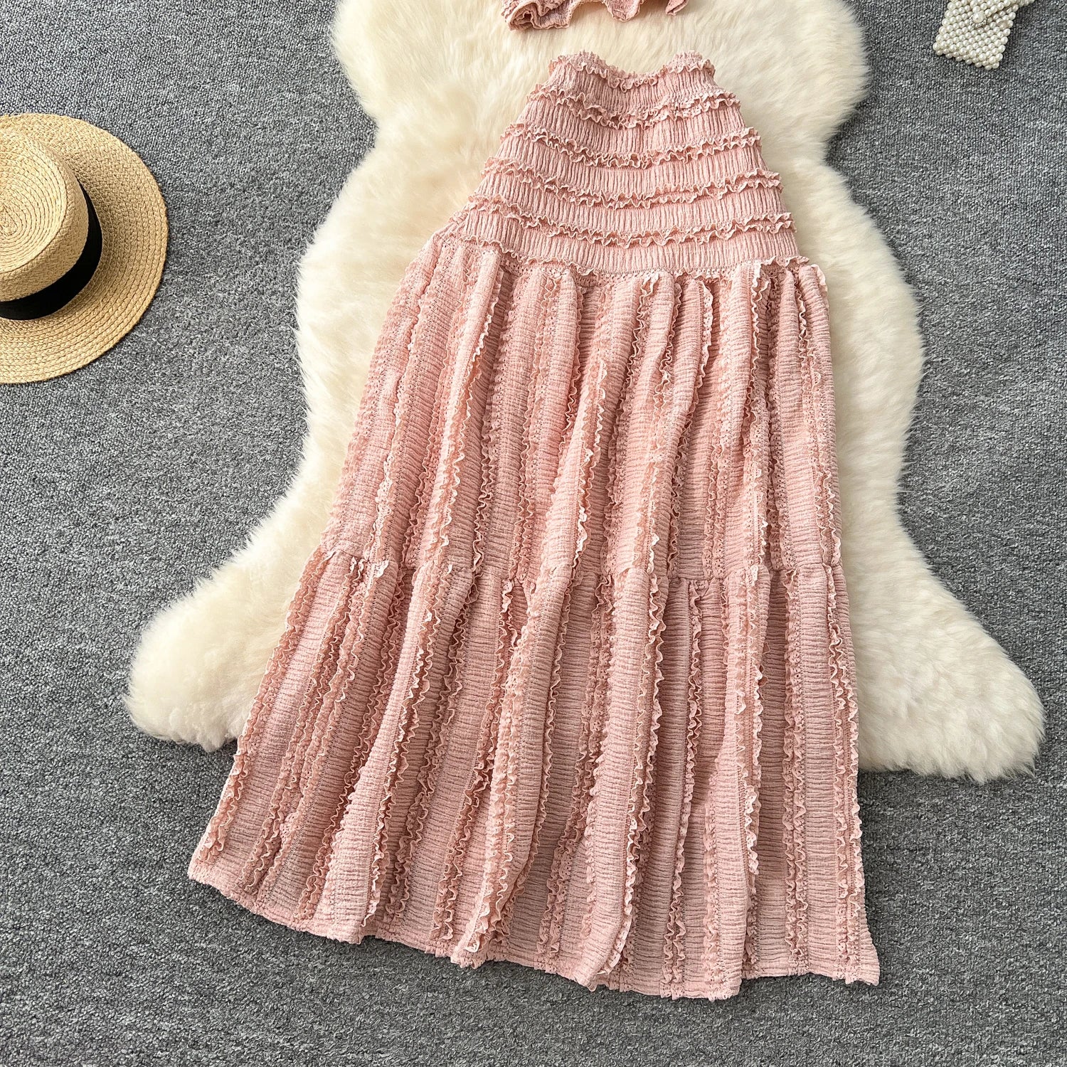 Casual Single Breasted Mini Camisole+Elastic Waist A Line Fold Slim Skirt Two Piece Sets