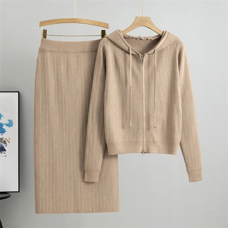 Knitted Cardigan High Waisted Wrapped  Skirt 2 Piece Set
