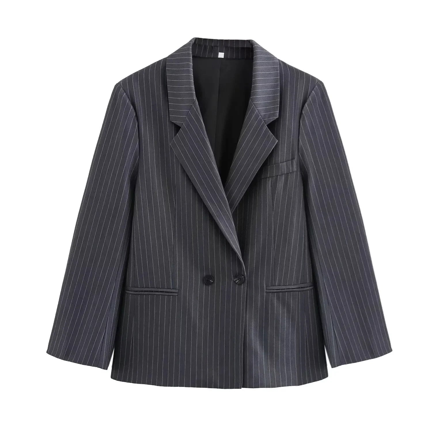 Autumn Winter Loose Fine Stripes Long Sleeve Double-breasted Suit Coat