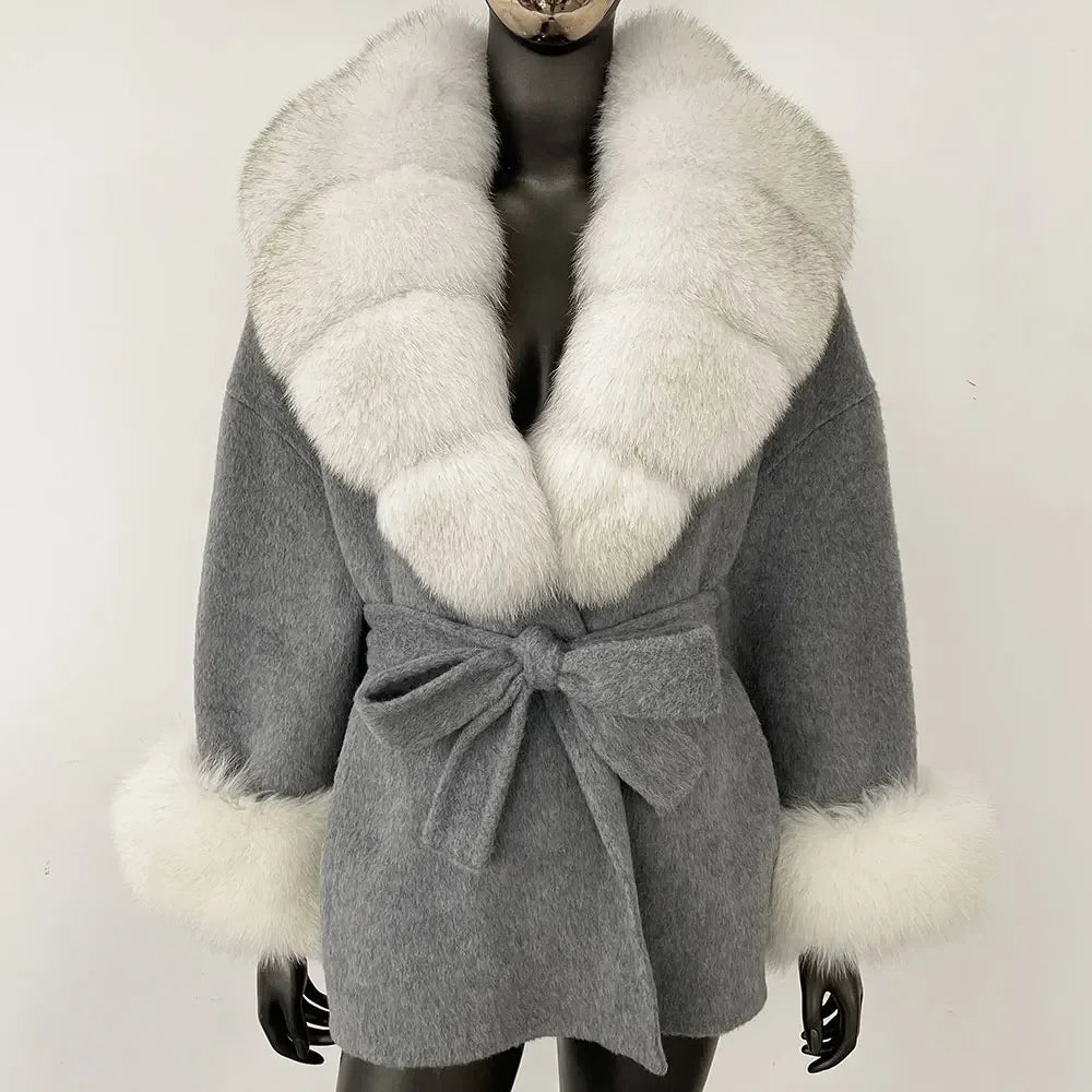 Winter Loose Outerwear Casual Natural Real Raccoon Fox Fur Blends Wool Coat