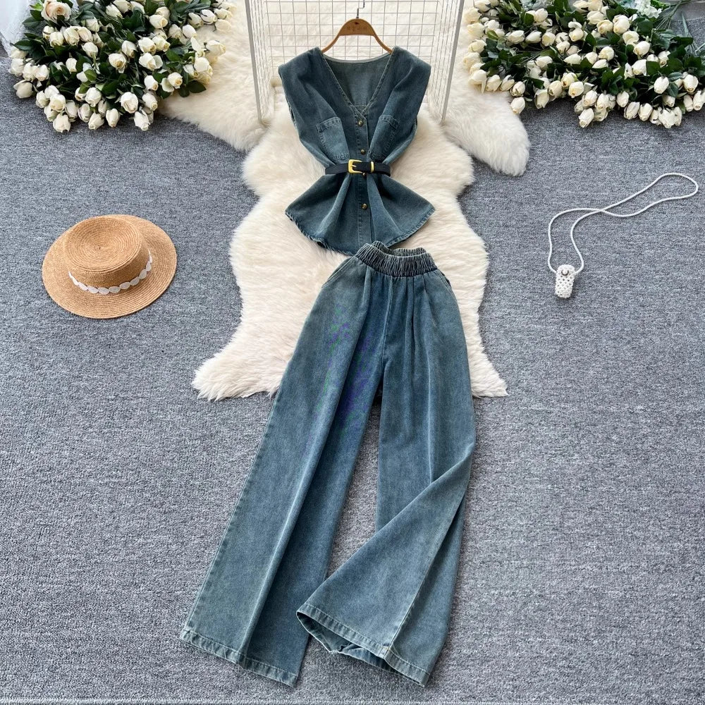 Casual Lace Up Slim Waist Denim Tops High Waist  Trousers Two Piece Set