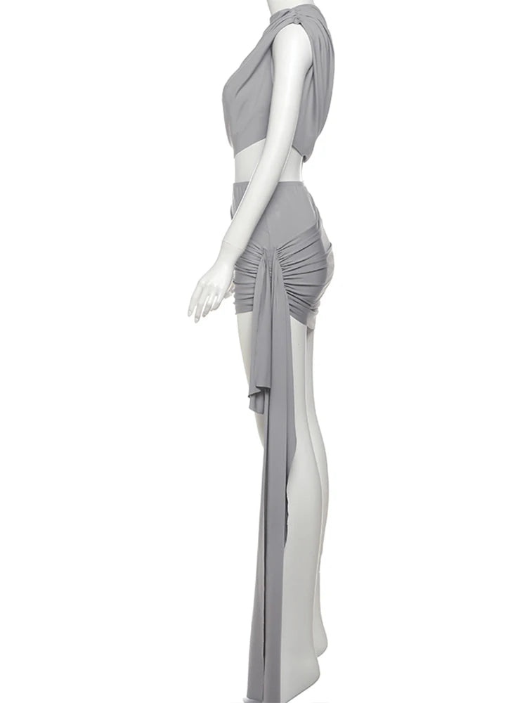 Irregular Ruched Two Piece Set Tank Tops+Side Ribbon Skirts Matching Set