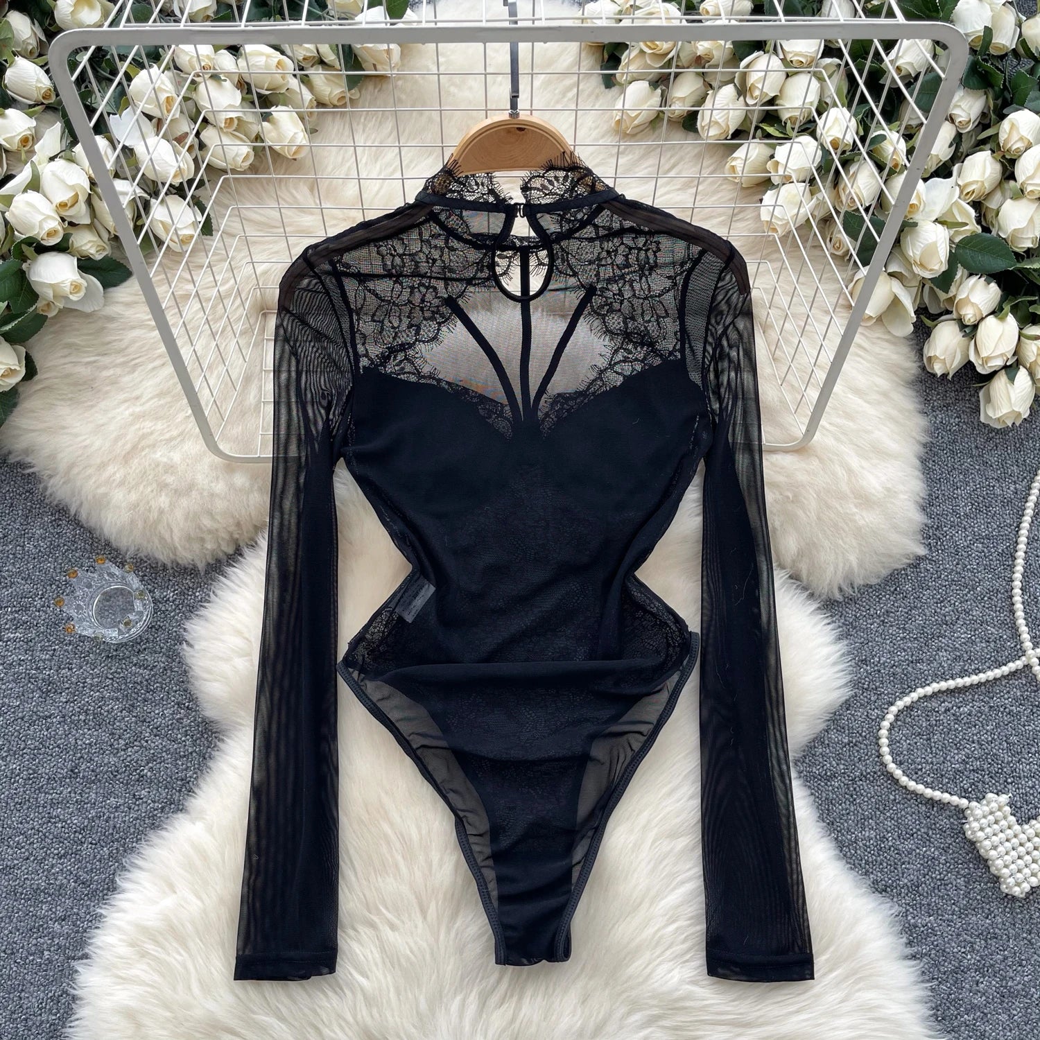 Hollow Out Mesh O Neck Long Sleeves Slim Fit Sheath Bodysuit