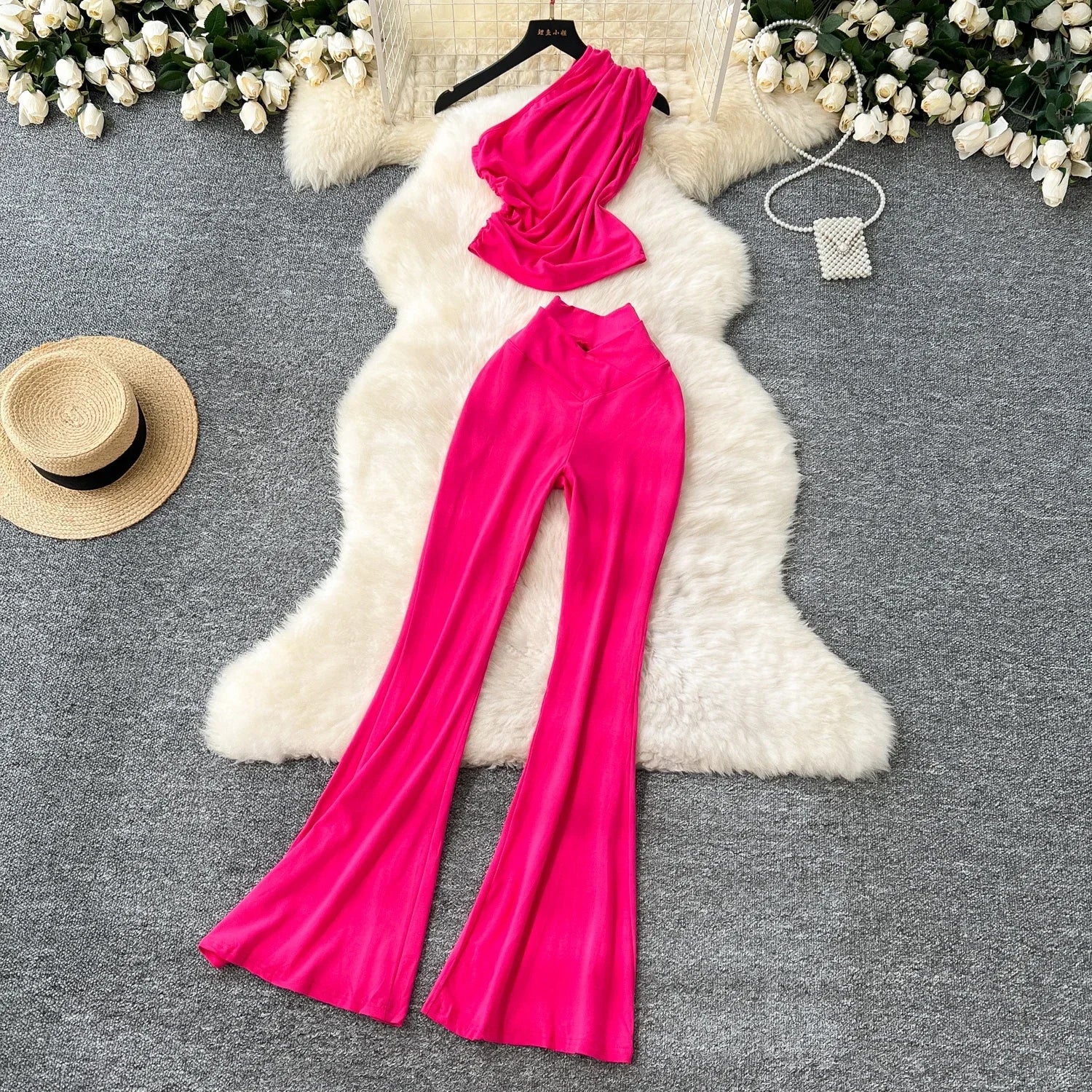 Chic Vintage Diagonal Collar Sleeveless Pleated Top and High Waist Flare Pants Two Piece Set