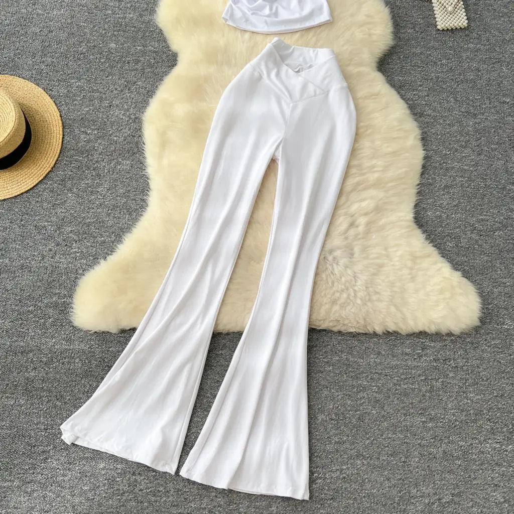 Two Pieces Sets Elegant Chic Skew Collar Pleated Tops + High Waist Flare Casual Pants  Outfits