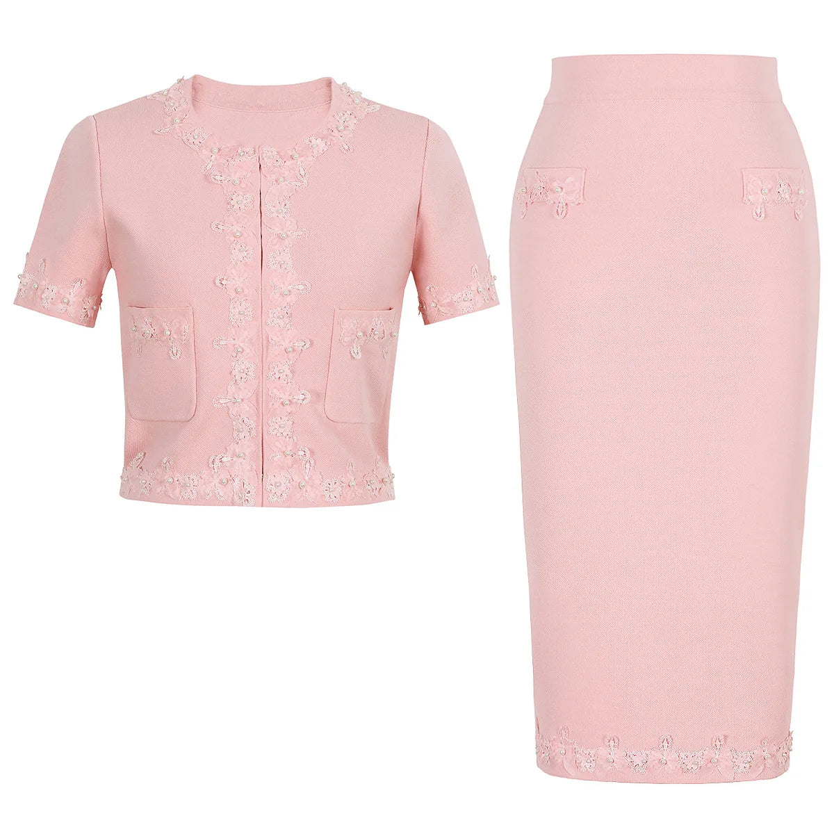 French Elegant Beaded Flower Short Sleeve Knitted Tops High Waist Slim Fit Bodycon Skirts Two-Piece Set