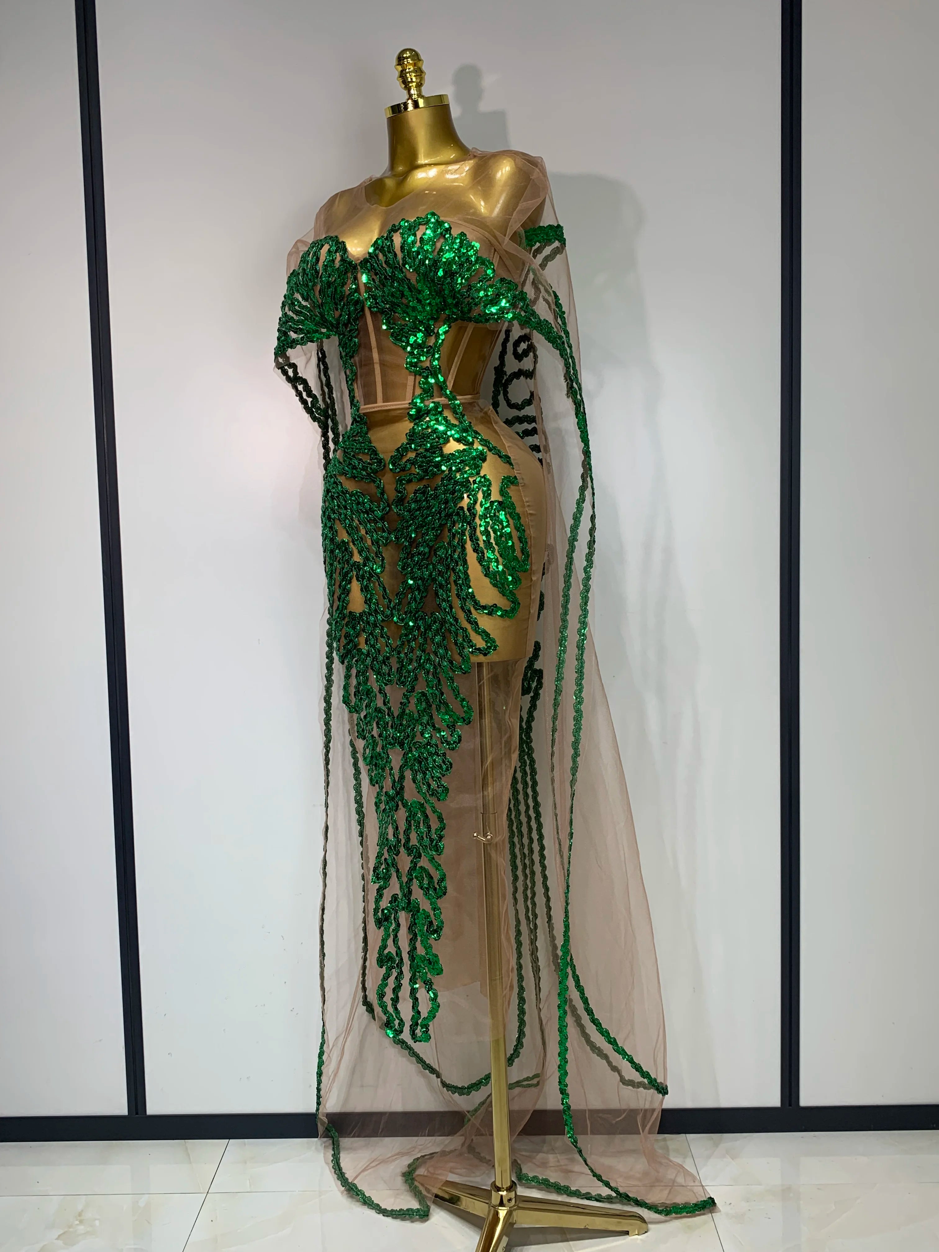 See Through Mesh Sparkly Green Sequins Party Dress