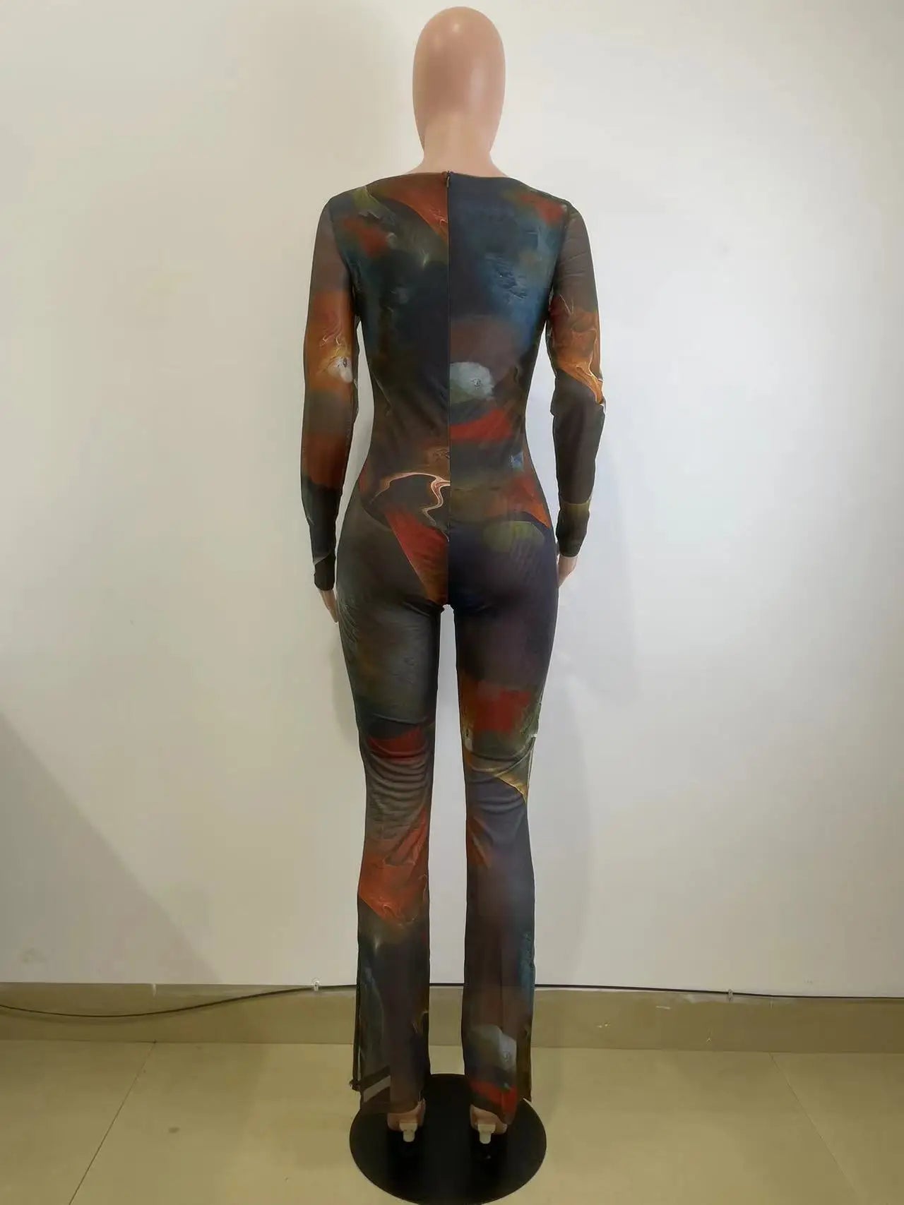 Tie Dye Print Mesh Long Sleeve Bodycon Overalls Jum[psuit