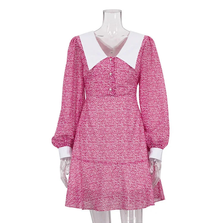 High Waist Long Sleeve  Backless V-Neck Printed  Dress