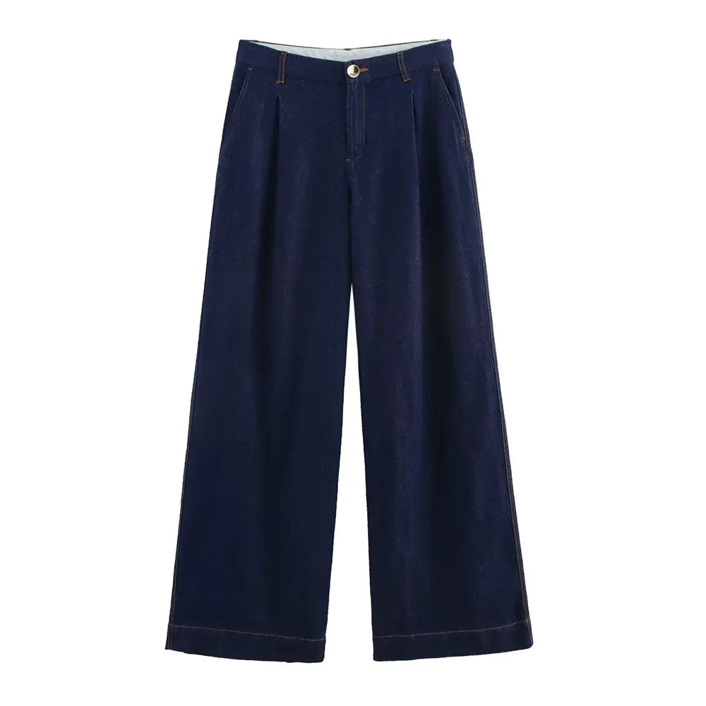 Denim Set Loose Fit Button Down Shirt With Wide Leg Pants
