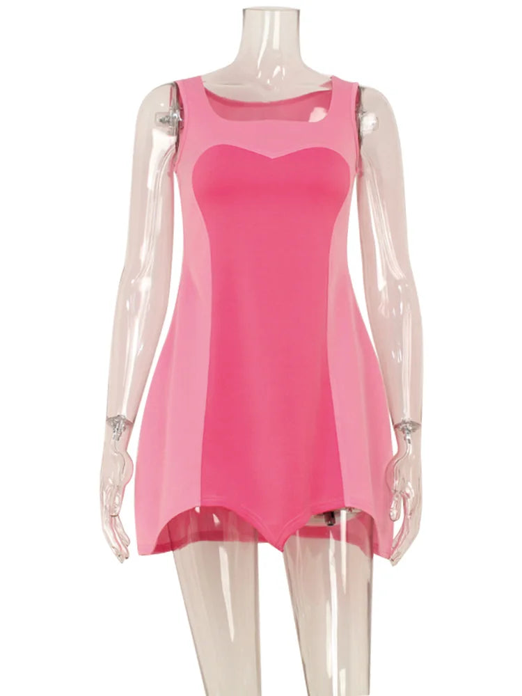 Patchwork Zipper Square Collar Causal Sleeveless Dress