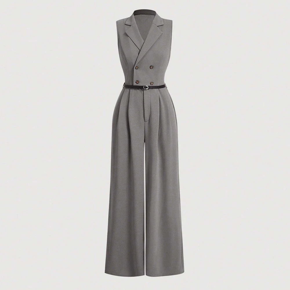 Plain Sleeveless Shawl Collar Full Length Straight Jumpsuits
