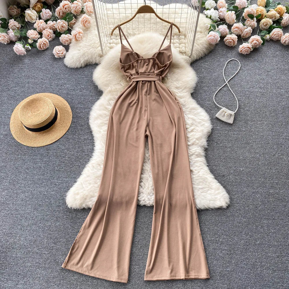 V Neck Casual Bow Fashion Strap Knitted Backless Jumpsuits