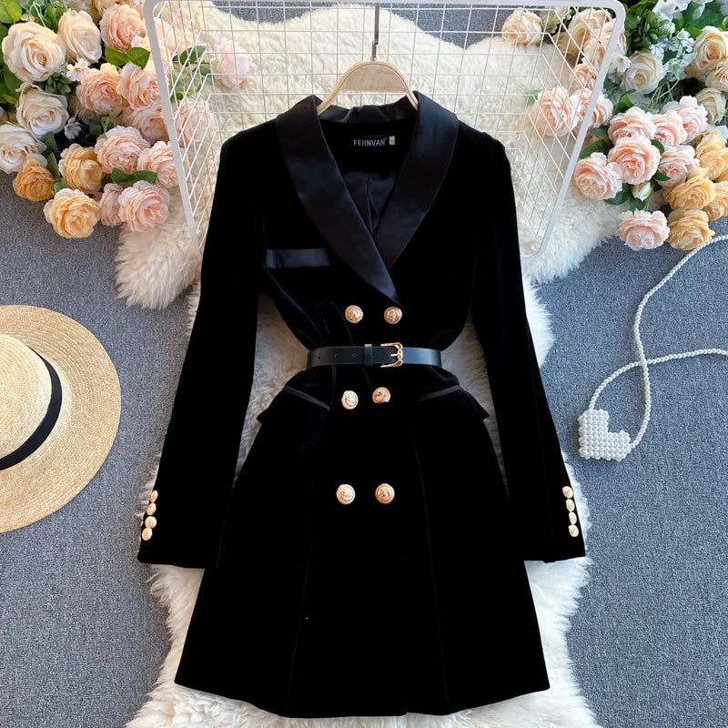 Velvet  Blazer Suit Winter Double Breasted Long Sleeve Coat