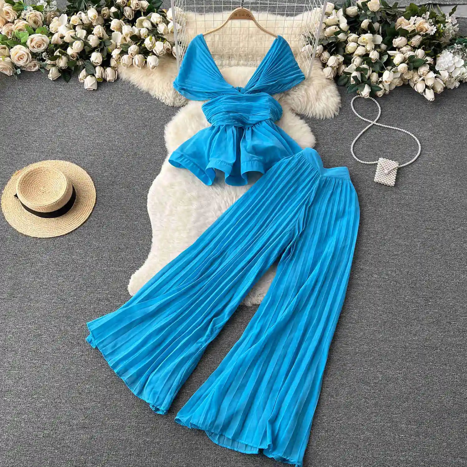 High End Elegant Pleated Sleeveless Chiffon Top+High Waist Wide Leg Pants Two Piece Set