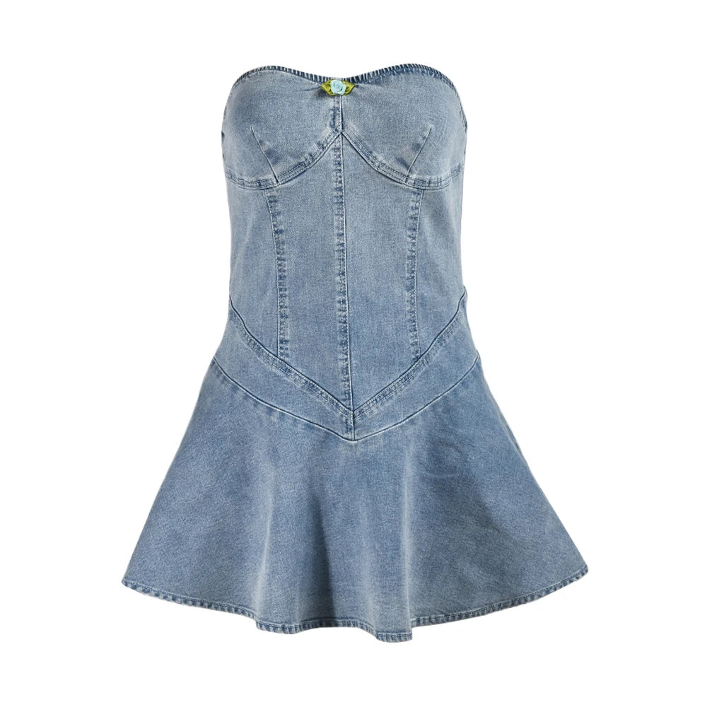 Y2K Vintage Strapless Elastic Sleeveless Backless Pleated Denim Dress