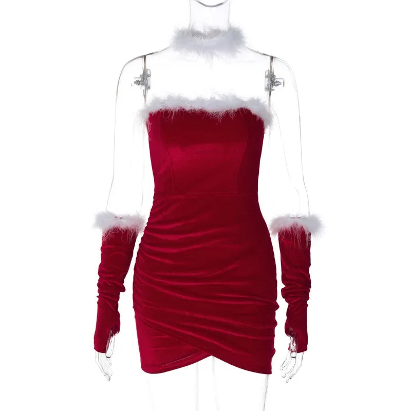 Velvet Feathers Strapless Wrap Ruched Bodycon Xmas Dress With Gloves