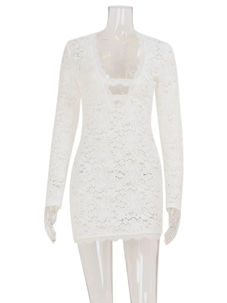 Regular Long Sleeves Deep V-Neck Hollow Out Sheath Bodycon Dress