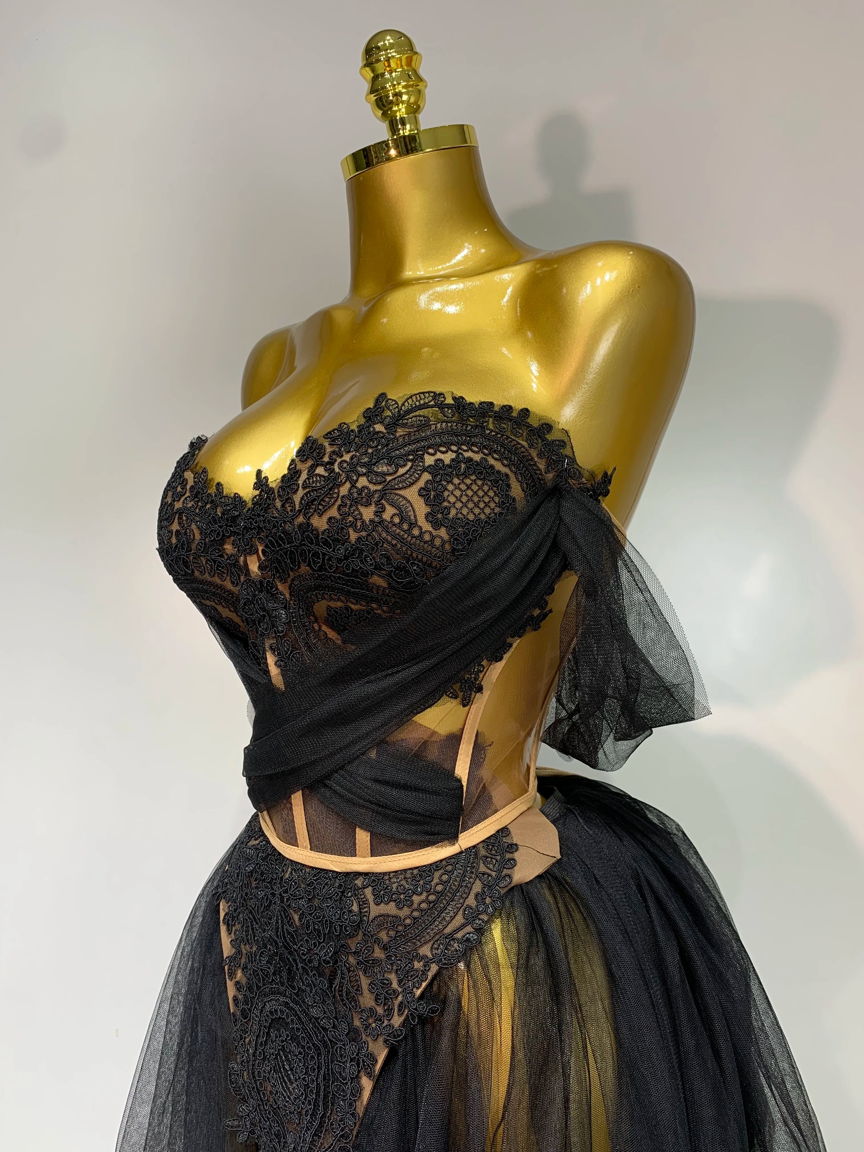 Backless Mesh Top Skirt Two Pieces Set Luxury Dress