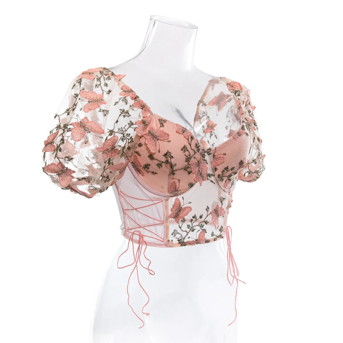 Butterfly Embroidery Puff Sleeve Backless Short Sleeve Cropped Top Blouse