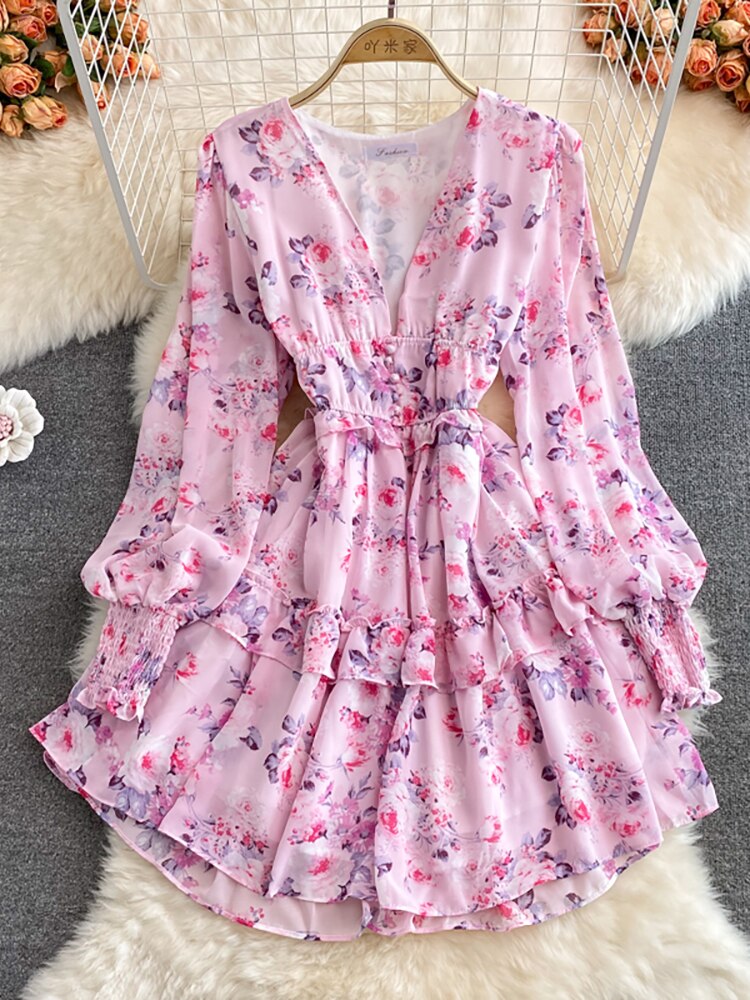 Floral Chiffon V-Neck Lantern Long Sleeve High Waist Ruffle Dress