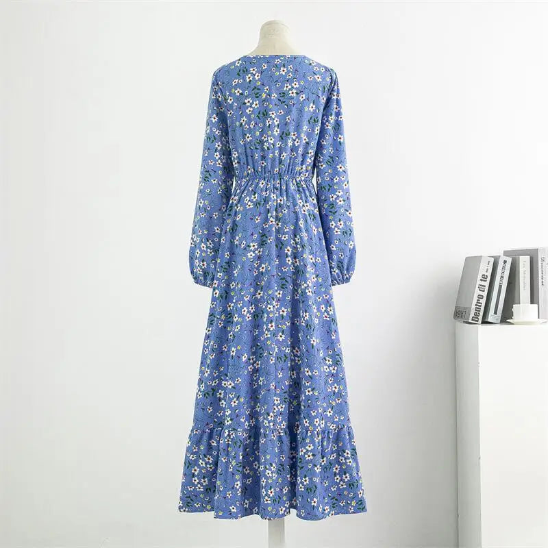 Spring Summer Chiffon Dresses Casual Floral Printed Bark Crinkling Long Dresses