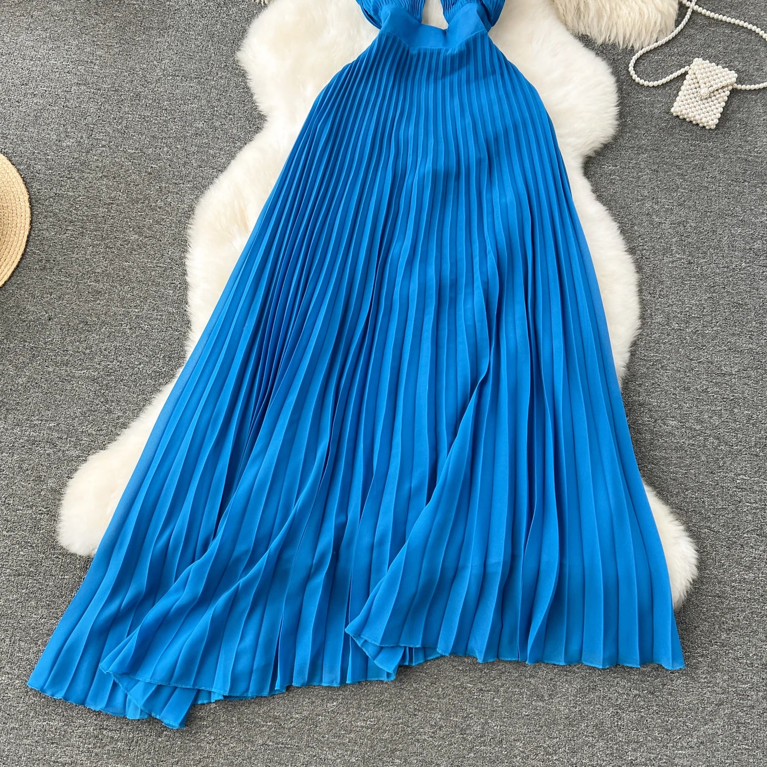 Halter Pleated Hollow Out Backless Solid Chic Sundress Irregular Long Beach Party Dress